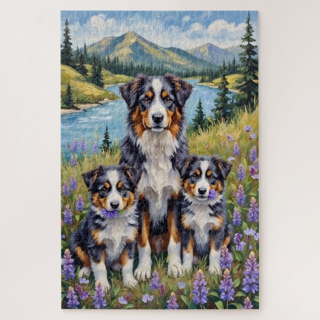 Quebra-cabeça Arte de Australian Shepherd em Prado de Lupino (Vertical)