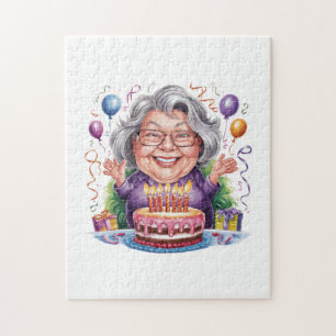 Quebra-cabeça Arte de Bolo de Aniversário de Senhora Idosa Anima