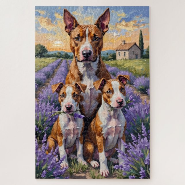Quebra-cabeça Arte de Bull Terrier no Campo de Lavanda (Vertical)