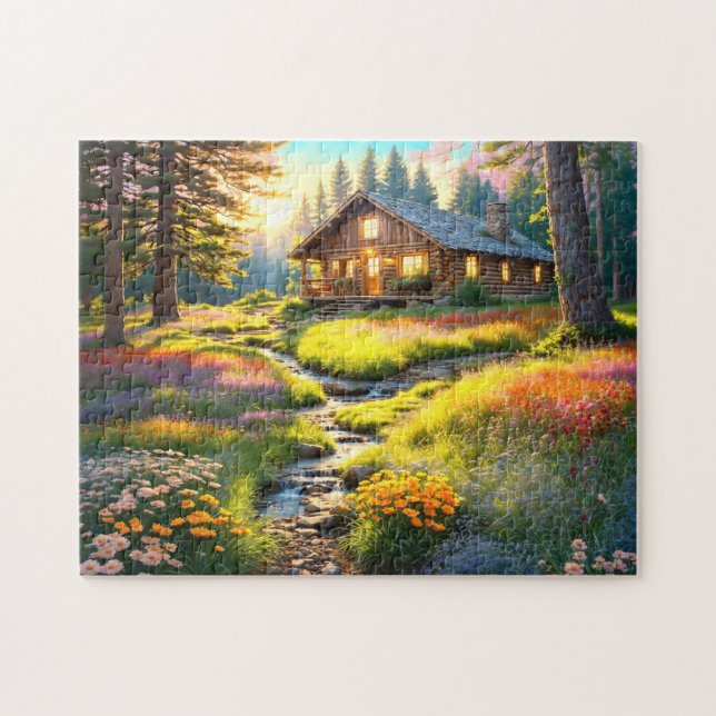 Quebra-cabeça Arte de Cabana na Floresta da Montanha (Horizontal)