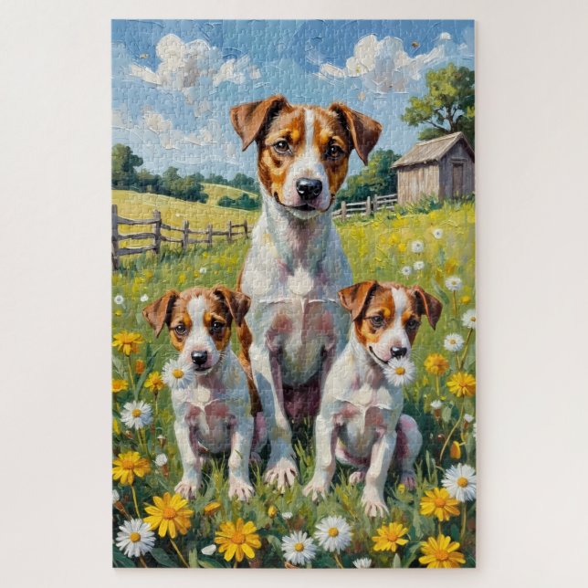 Quebra-cabeça Arte de Campo de Dente-de-Leão Jack Russell (Vertical)