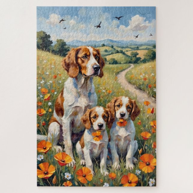 Quebra-cabeça Arte de Campo de Papoulas Brittany Spaniel (Vertical)