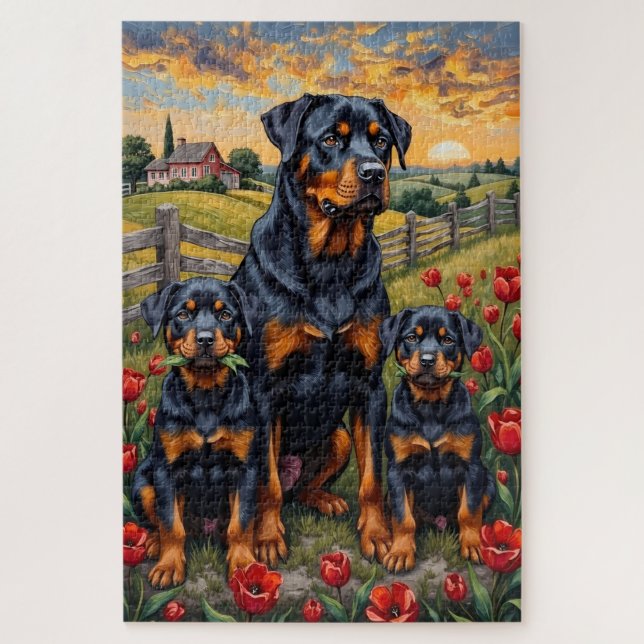 Quebra-cabeça Arte de Campo de Tulipas Rottweiler (Vertical)