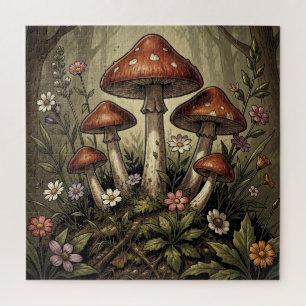 Quebra-cabeça Arte de Cogumelos Vermelhos Vintage e Flores Silve