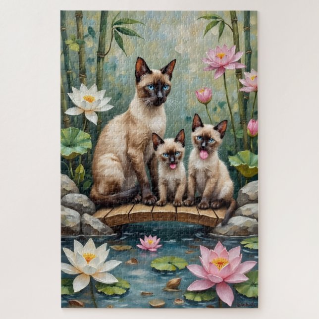 Quebra-cabeça Arte de Gato Siames no Lago de Lótus (Vertical)