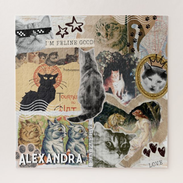 Quebra-cabeça Arte de Gatos Antigos Engraçados Colagem Presente  (Vertical)