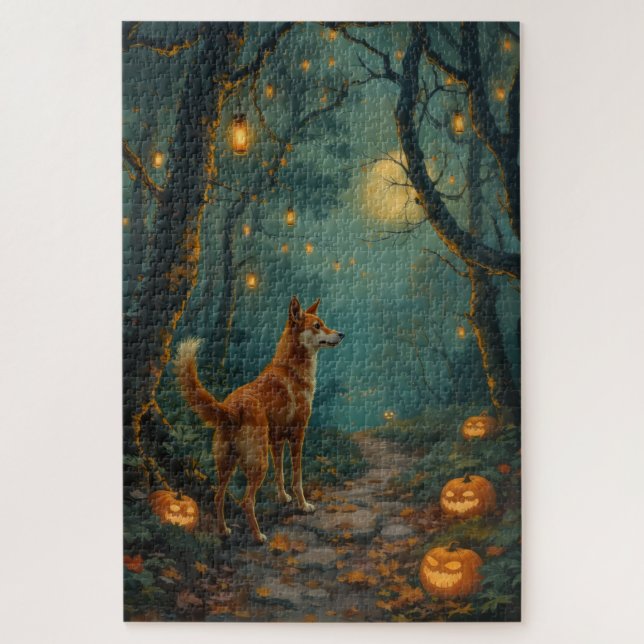Quebra-cabeça Arte de Halloween da Floresta Encantada do Basenji (Vertical)
