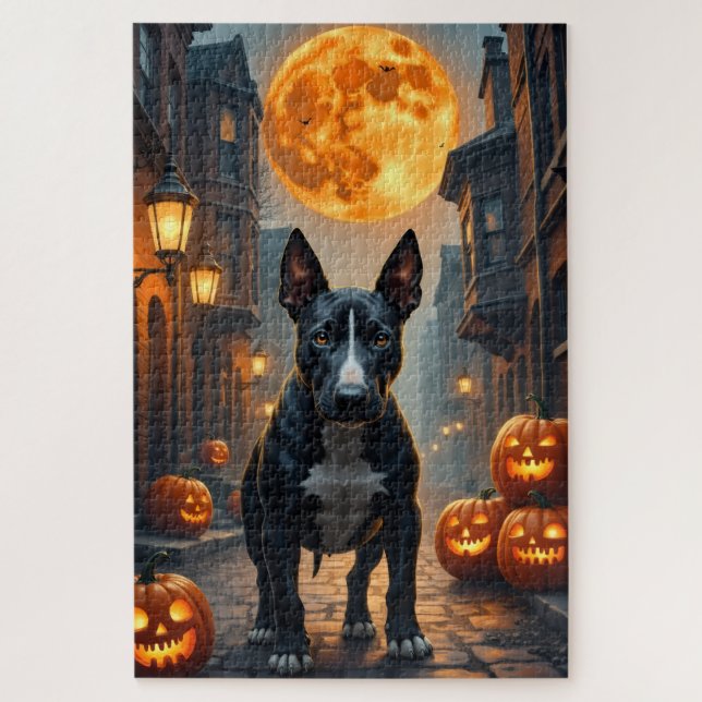 Quebra-cabeça Arte de Halloween do Bull Terrier Gótico Beco (Vertical)