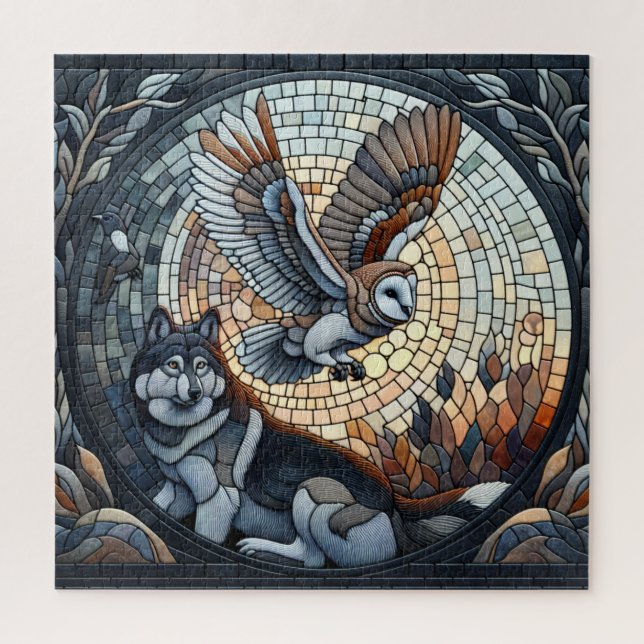 Quebra-cabeça Arte de IA de Mosaico de Coruja e Lobo (Vertical)