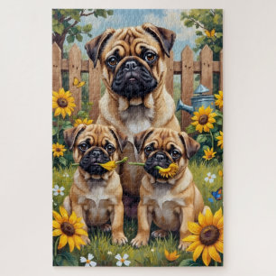 Quebra-cabeça Arte de Jardim de Girassóis Pug
