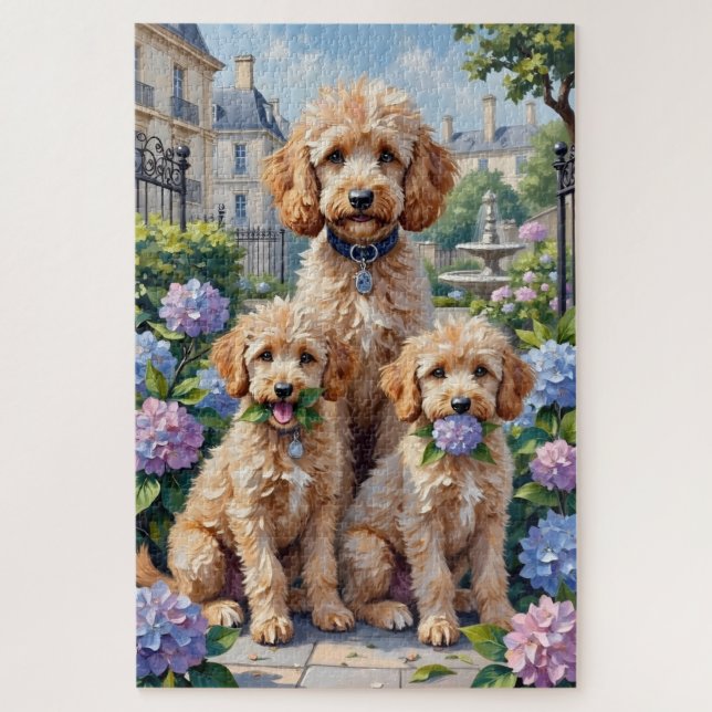 Quebra-cabeça Arte de Jardim de Hortênsias com Poodles (Vertical)