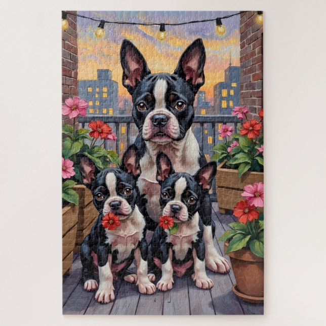 Quebra-cabeça Arte de Jardim de Telhado com Boston Terrier (Vertical)