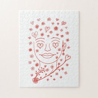 Quebra-cabeça Arte de linha romântica desenhada à mão com coraçõ