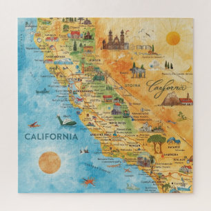 Quebra-cabeça Arte de Mapa de Aquarela Ilustrado da Califórnia