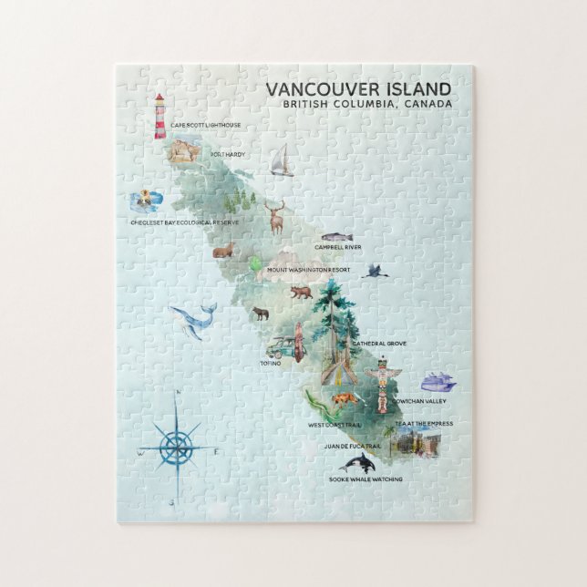 Quebra-cabeça Arte de Mapa de Ilhas de Vancouver Aquarela (Vertical)