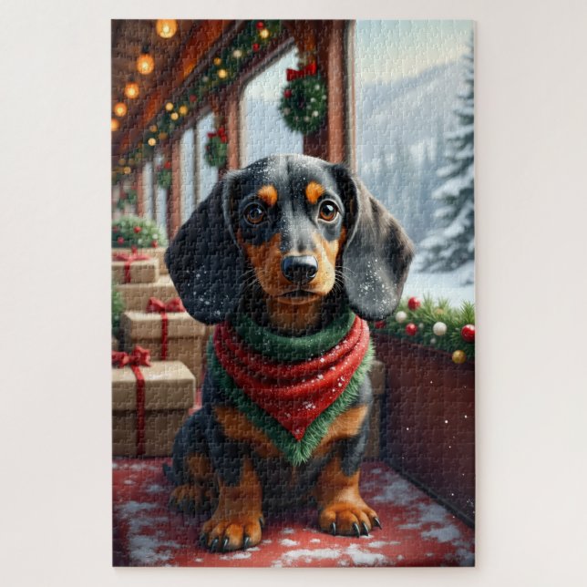 Quebra-cabeça Arte de Natal do Dachshund (Vertical)