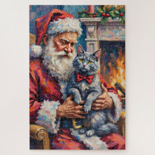 Quebra-cabeça Arte de Natal do Gato Azul Oriental Papai Noel