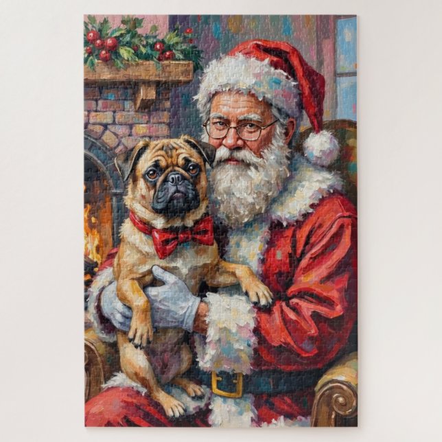 Quebra-cabeça Arte de Natal do Papai Noel com Pug (Vertical)