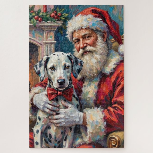 Quebra-cabeça Arte de Natal do Papai Noel segurando um dálmata (Vertical)