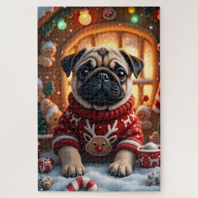 Quebra-cabeça Arte de Natal Pug (Vertical)