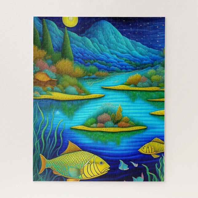 Quebra-cabeça Arte de Peixe no Lago de Fantasia (Vertical)