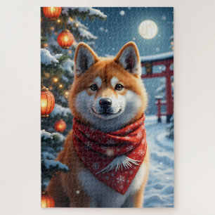 Quebra-cabeça Arte de retrato de Natal japonês Akita de Inverno
