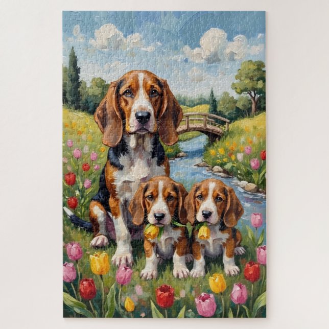 Quebra-cabeça Arte de Tulipa de Prado com Basset Hound (Vertical)
