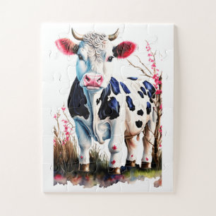 Quebra-cabeça Arte de Vaca Rústica com Blossomas - Decoração de