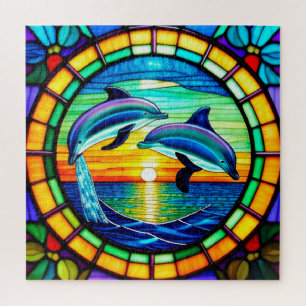 Quebra-cabeça Arte de Vidro Colorido com Golfinhos Saltando ao P