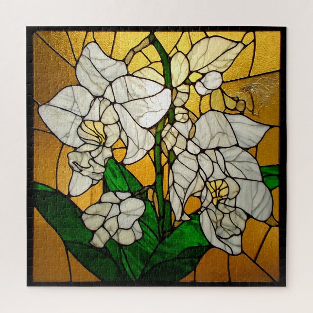 Quebra-cabeça Arte de Vidro Colorido Orquídea Branca 🤍 (Vertical)
