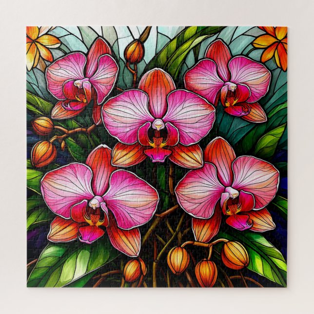 Quebra-cabeça 🌸 Arte de Vidro Manchado de Orquídea Rosa Para Am (Vertical)