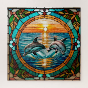 Quebra-cabeça Arte de Vidro Pintado com Golfinhos Saltando ao Pô