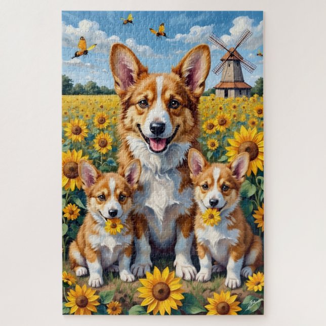 Quebra-cabeça Arte do Campo de Girassóis Corgi (Vertical)