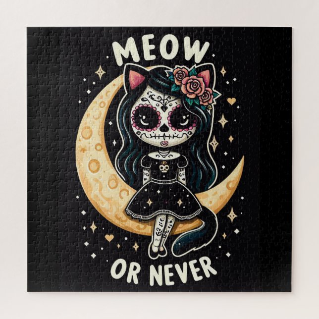 Quebra-cabeça Arte do Crânio do Açúcar - Garota do Gato Lunar -  (Vertical)