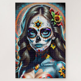 Quebra-cabeça Arte do crânio do açúcar - Vivo e Negrito