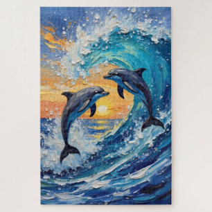 Quebra-cabeça Arte do Golfinho Casal Salto Gracioso no Pôr do So