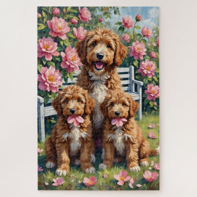 Quebra-cabeça Arte do Jardim de Peônias Bernedoodle (Vertical)