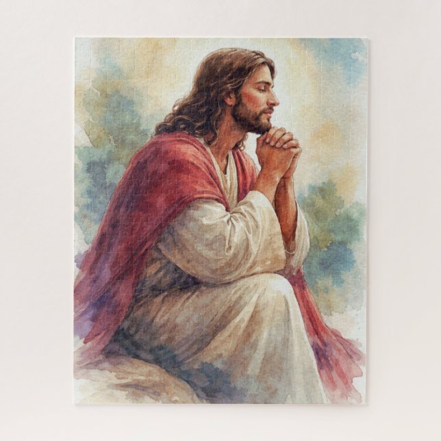 Quebra-cabeça Arte em Aquarela de Jesus Orando | Fé Cristã (Vertical)