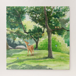 Quebra-cabeça Arte em Aquarela de Veado na Floresta Tranquila