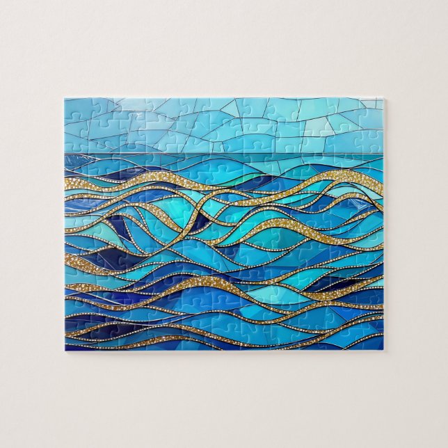 Quebra-cabeça Arte em Mosaico Azul e Dourado do Mar de Ondas (Horizontal)