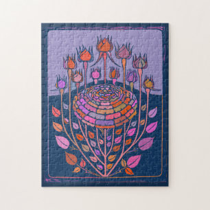 Quebra-cabeça Arte Floral Colorida Vintage em Púrpura e Azul