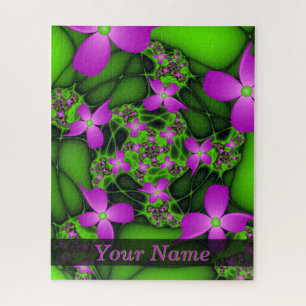 Quebra-cabeça Arte Floral Moderno Abstrato Neon Rosa Verde Nome