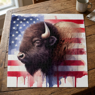 Quebra-cabeça Arte Magnífica de Bisonte Americano e Bandeira Pat