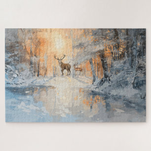 Quebra-cabeça Arte Magnífica de Cervos na Floresta de Inverno