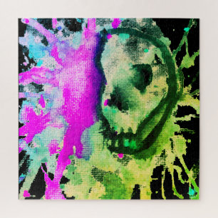 Quebra-cabeça Arte Neon de Halloween Aquarela de Crânio Gótico