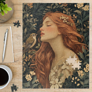 Quebra-cabeça Arte Nova Donzela Floral Pássaro Arte Fina
