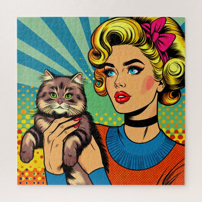 Quebra-cabeça Arte Pop Comic Cartoon Mulheres Segurando Gato (Vertical)