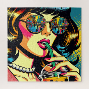 Quebra-cabeça Arte Pop de Quadrinhos Linda Mulher Bebendo Boba