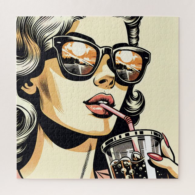 Quebra-cabeça Arte Pop de Quadrinhos Mulher Bonita Bebendo Refri (Vertical)