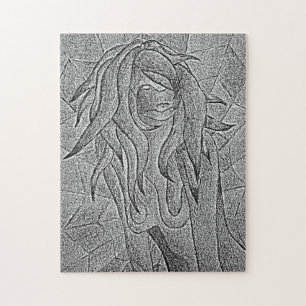 Quebra-cabeça arte preto e branco abstrata que levanta a senhora
